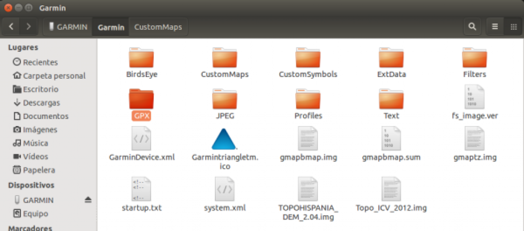 Carpeta de archivos en la memoria del GPS Garmin