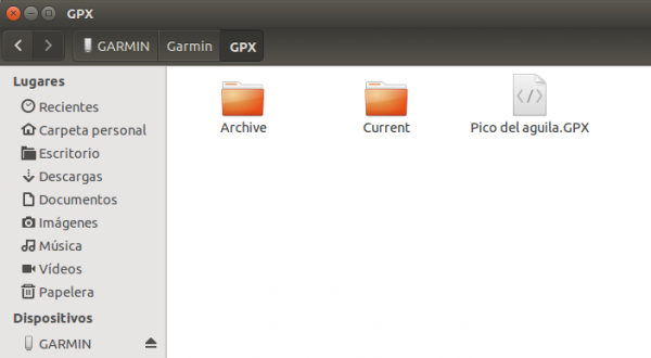 Contenido de la carpeta GPX de Garmin eTrex